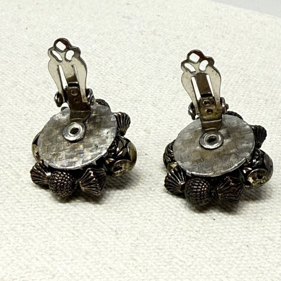 Vintage Bead Cluster‎ Earrings Silver Gray Clip-On Retro Dark Classic - Picture 6 of 8
